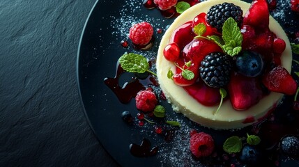A creamy cheesecake topped with fresh berries and mint. Featuring indulgence and elegance