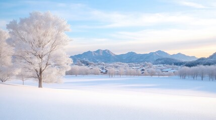Obraz premium Winter wonderland landscape. Frosty trees, snow-covered fields, mountains in the background, a picturesque winter scene