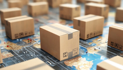Delivery Packages on World Map Concept for Global Shipping Logistics
