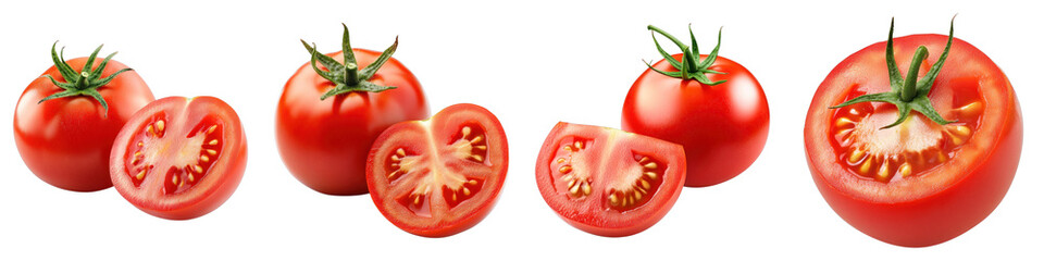 Tomato with half of tomato isolated on transparent background. PNG, Set of