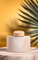 sandstone podium for luxury product placement with palm leaf shadow in background natural stone 
