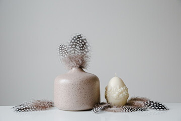 A collection of easter table decoration eggs celebrating a Happy Easter with copy space. Spa concept. Relax time.