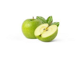 Green apple with leaves and water droplets isolated. Granny smith apples with leaf.