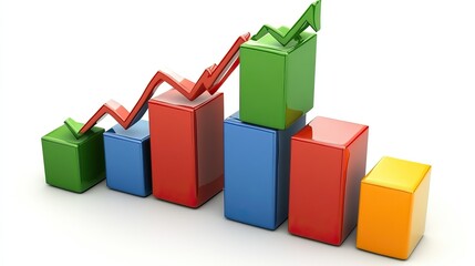 Colorful bar graph rising upward against white background