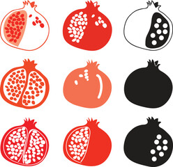sliced pomegranate vector clipart collection. Perfect art for stickers, poster, label, sale, card. Hand drawn illustration for decor and  Set of pomegranate fruits. Isolated elements for design.