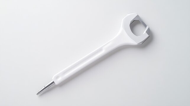 A white bottle opener, resembling a wrench, is shown. Its centrally positioned against a plain white background. The image is clean and well-lit, exhibiting high quality. The minimalist style creates