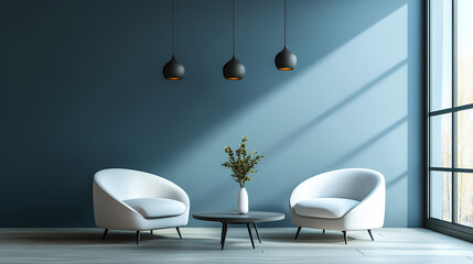 Modern interior chairs and tables with blue background