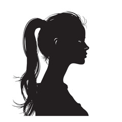 A black silhouette of a woman with long hair shows her profile, a simple vector illustration of feminine beauty