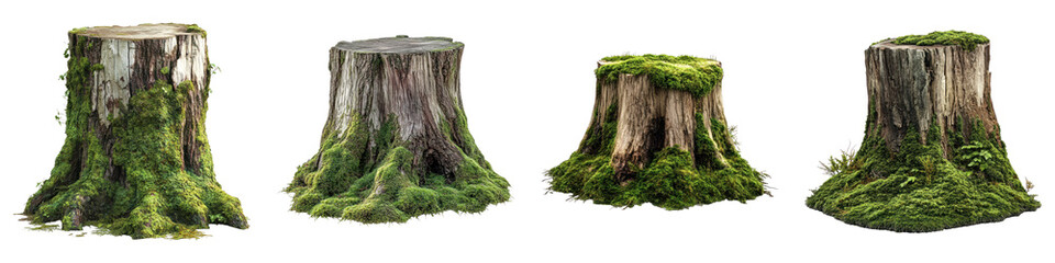Tree stump adorned with green moss isolated on transparent background. PNG, Set of