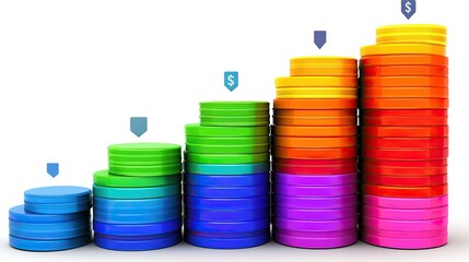 Colorful financial growth graphic, stacks of coins, upward trend, money increase