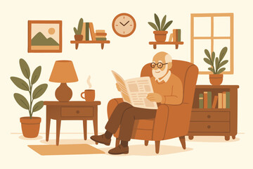 Cozy Retirement Living: Senior Man Reading Newspaper in Warm, Plant-filled Living Room - Vintage-inspired Vector Illustration for Elderly Lifestyle, Home Decor, and Relaxation Concepts