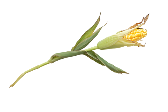 A realistic ear of corn with green husks and leaves isolated on a white background