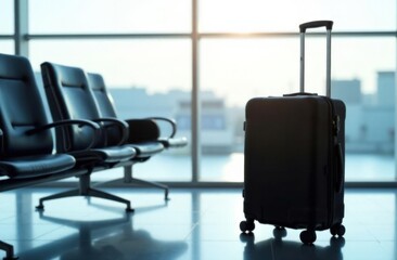 Fototapeta premium Lone suitcase in sunlit airport terminal with empty chairs