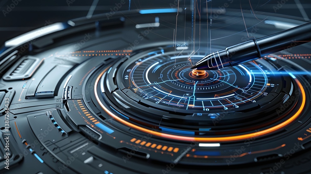 Poster futuristic digital interface with a pen interacting with a glowing circular display, showcasing tech