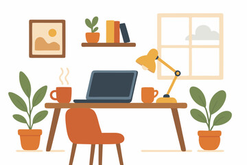 Cozy Home Office Vector Illustration: Modern Workspace with Laptop, Plants, and Warm Accents - Minimalist Design for Remote Work, Freelance, or Study Setup - Comfortable and Stylish Interior Scene