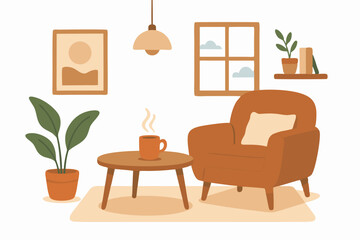 Cozy Minimalist Living Room Interior with Armchair, Coffee Table, and Indoor Plants in Warm Earth Tones