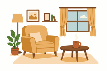 Cozy Minimalist Living Room Interior with Armchair, Coffee Table, and Window View in Warm Earthy Tones