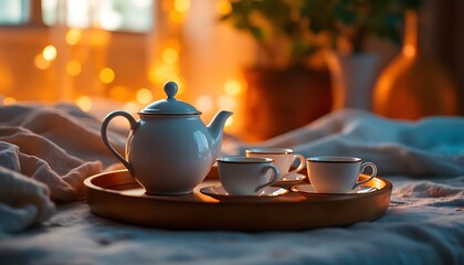 Elegant Tea Set on Tray with Warm Ambient Lighting