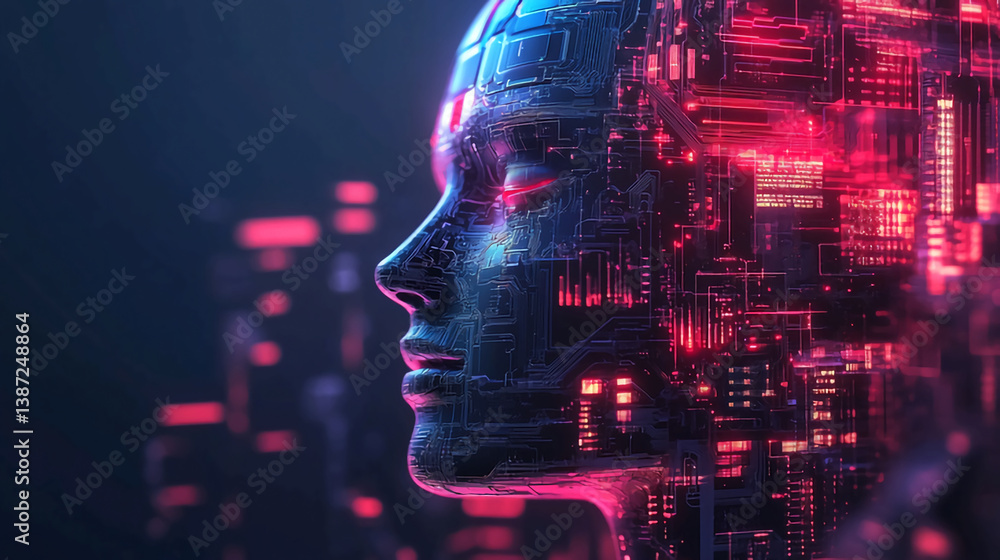Poster close-up of a futuristic ai head with glowing circuits.