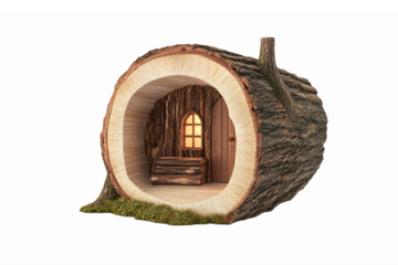Cozy Tree Log House with Illuminated Interior and Mossy Base on Transparent Background