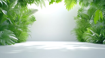 Obraz premium Lush tropical foliage flanks a bright, minimalist white space. The image features a clean, empty floor. Soft, natural lighting enhances the greenery. The style is serene and modern. Predominantly