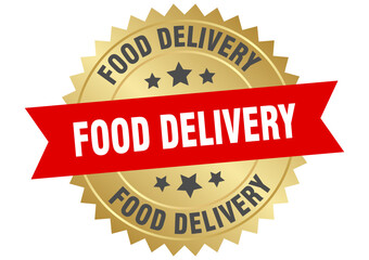 food delivery. food delivery round red and gold label isolated on transparent background