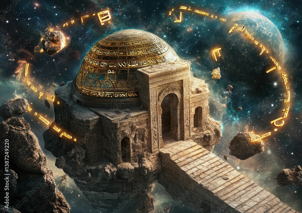 Wall mural ancient temple in cosmic location with celestial architecture and intricate details