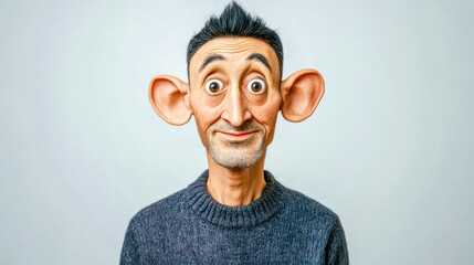 Curious man showing big ears on light background