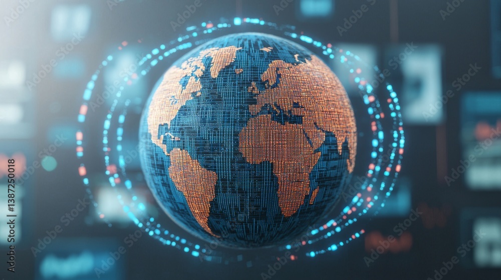 Poster global network data sphere digital visualization technology hub infographic virtual environment aeri