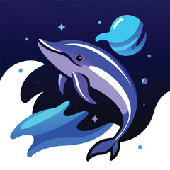 Surreal Space Dolphin Illustration – Cosmic Ocean Animal with Planets, Stars, and Vibrant Colors in Fantasy Style.
