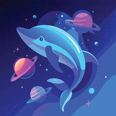Obraz premium Surreal Space Dolphin Illustration – Cosmic Ocean Animal with Planets, Stars, and Vibrant Colors in Fantasy Style.