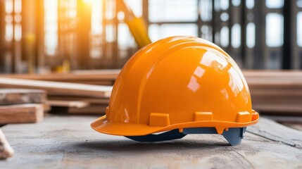 Bright Orange Safety Helmet on Construction Site Against Blurred Background of Wood and Building Framework