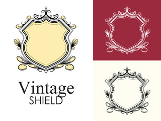 vector shield with decorative elements. Coat of arms, heraldry, emblem, symbol. Made in vintage style. Line art. Vector illustration