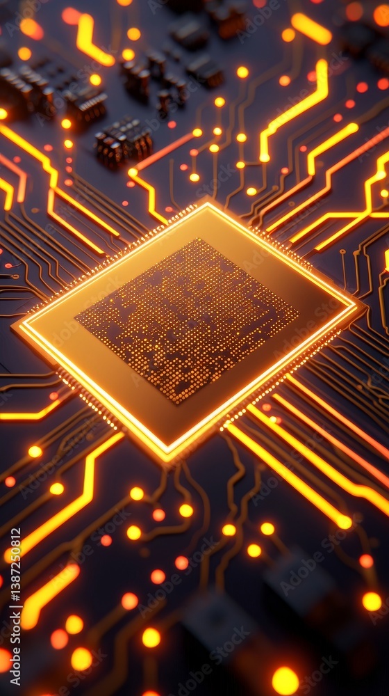 Poster illuminated circuit board action technology hub digital visualization electronic environment close-u