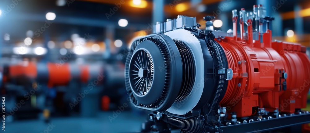 Poster close-up view of modern aircraft engine component with detailed parts and advanced technology in ind