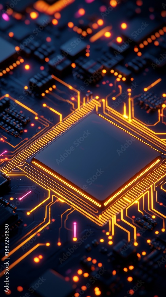 Poster glowing circuit board action technology hub digital art futuristic environment close-up viewpoint in