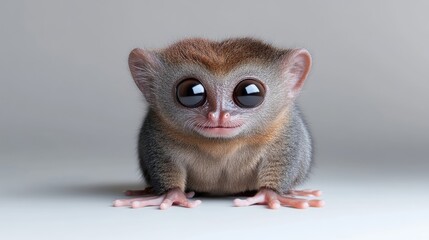 Fototapeta premium A high-resolution photo shows a small primate with large, expressive eyes. It sits on a plain background. The image is well-lit, showing soft, warm tones. The style is cute and endearing. The color