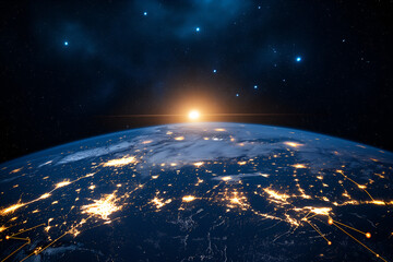 Obraz premium Night planet earth from space with light lines of communication