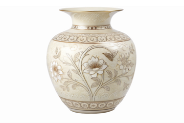 Elegant Ceramic Vase with Floral Engravings and Intricate Design on a Transparent Background