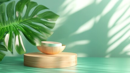 Natural cosmetic display podium,  tropical leaves, soft light.  Possible use  product photography