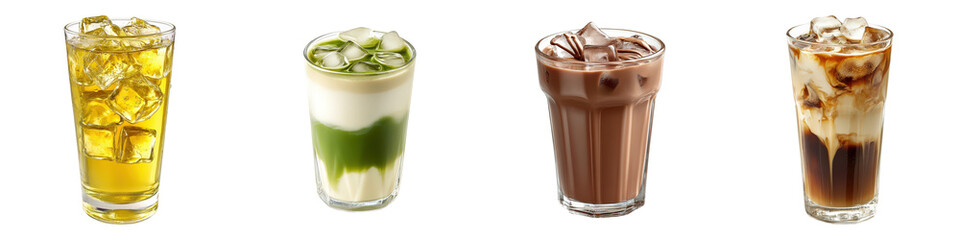 Four Iced Beverages Juice, Matcha, Chocolate, Coffee.
