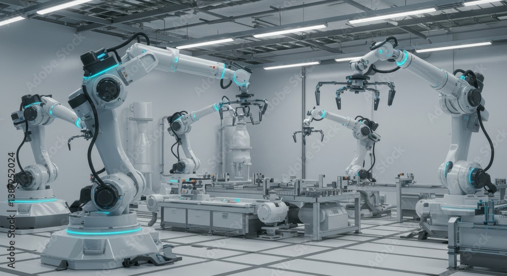 Poster advanced robotic automation in modern factory setting: high-tech manufacturing and industrial innova