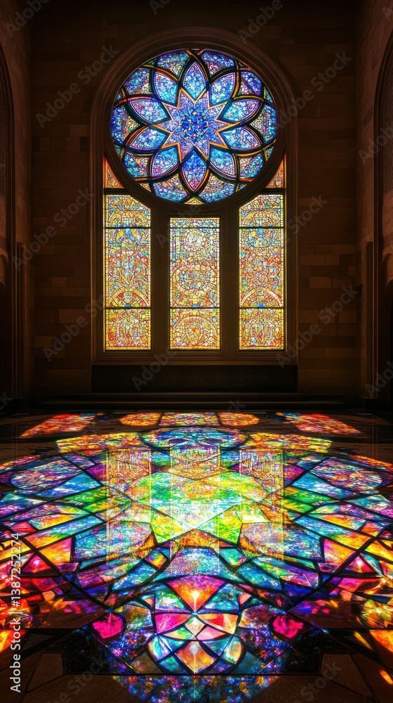 Aufkleber spectacular stained glass window casting colorful patterns within an old building