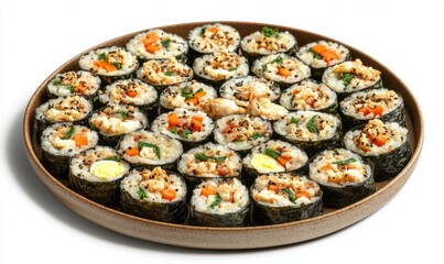 Kimbap platter, Korean food, studio shot, white background, catering