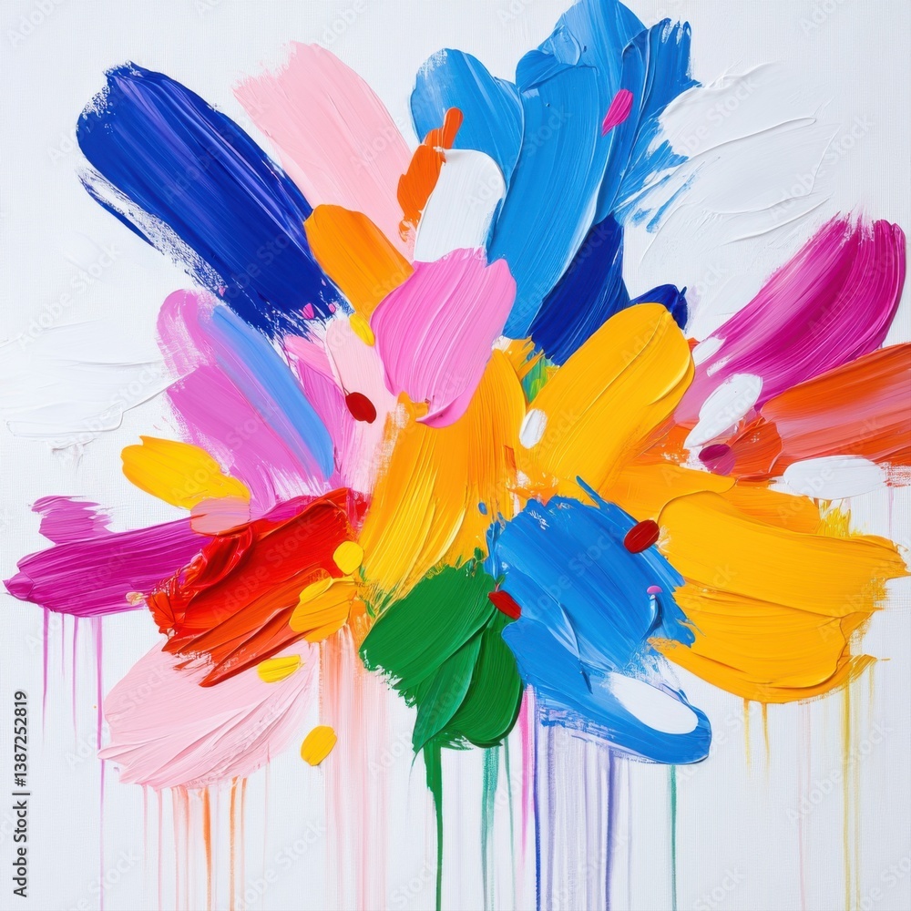 Poster vibrant abstract painting with colorful brush strokes and dynamic texture on white background