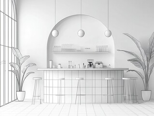 Minimal monochrome coffee bar interior sketch
