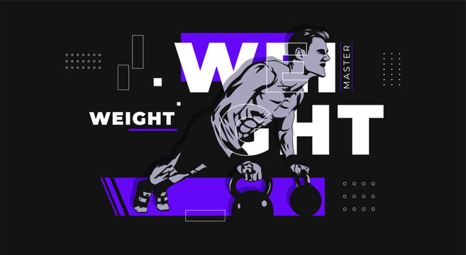 Vector illustration of a muscular man doing kettlebell push-up exercise. Bold black and purple color theme, perfect for gym posters, fitness branding, or workout promotions
