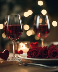 Warm evening atmosphere with a romantic candlelit supper on a wooden table adorned with red flowers, wine glasses, and heart-shaped decorations