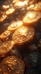 Naklejka premium Shimmering Golden Coins Mobile Wallpaper Close Up View with Warm Glow on Dark Surface | HD Phone Background