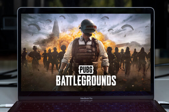 PUBG Battlegrounds game start screen displayed on gaming laptop.